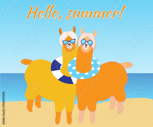 Cute couple of llamas in sunglasses on the beach, hello summer
