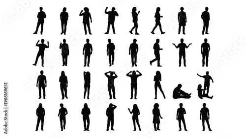 Collection of black silhouettes depicting various human poses and activities