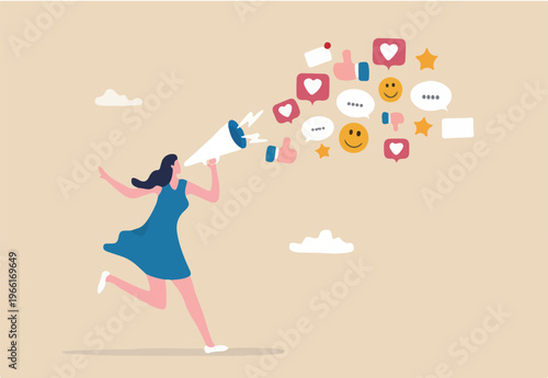 PR, public relation or marketing communication, advertising campaign or social media marketing, online promotion or email newsletter concept, young woman PR speak on megaphone on social media