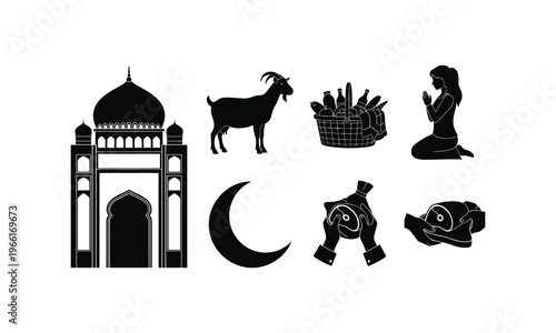 Eid al-adha celebration vector silhouette illustration, mosque, goat, food basket, praying woman