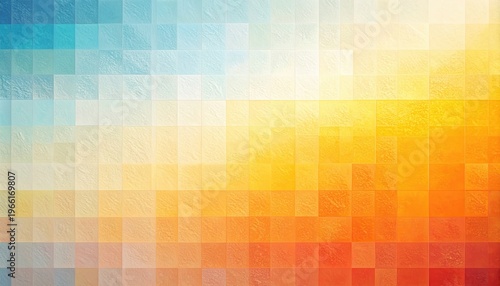 Fondo abstracto de mosaico digital con degradado vibrante de azul claro a naranja intenso y amarillo.