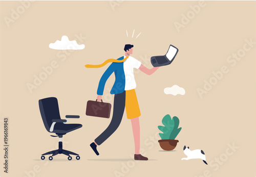 Hybrid work after covid-19 crisis, employee choice to work remotely from home or on site office for best productivity and result concept, businessman with hybrid cloth work both from home