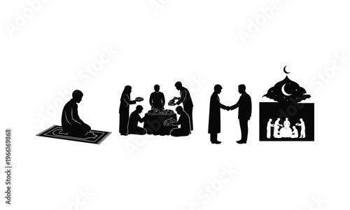 Eid al-fitr celebration vector silhouette illustration, people gathering, praying, sharing food