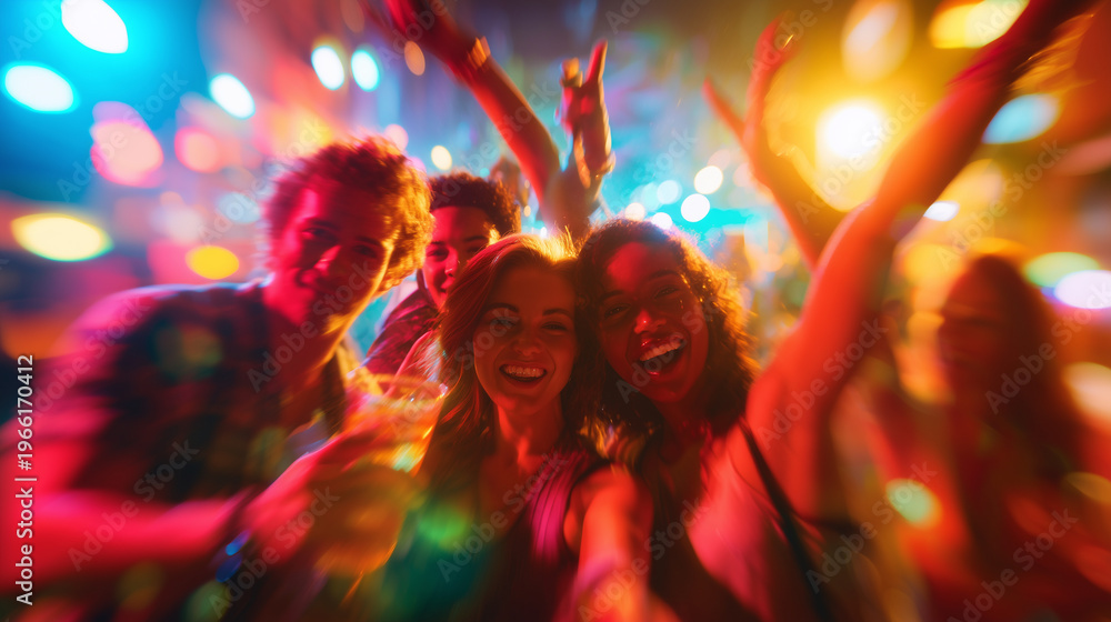 Obraz premium Friends celebrating, excitement and joy, dynamic movement, colorful lighting, lifestyle moment, defocused background, copy space