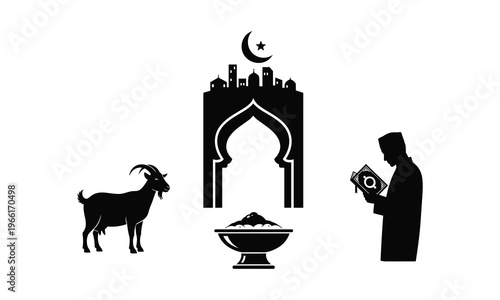 Islamic celebration vector silhouette illustration set. Muslim culture line art objects on white background