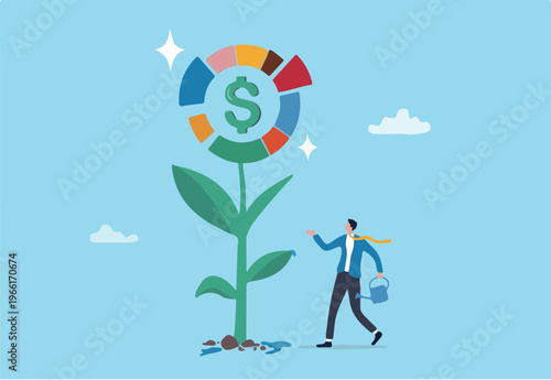 Investment portfolio, asset allocation to build passive income, wealth management or mutual fund planning, investment growth concept, businessman watering grow plant of investing portfolio