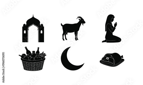 Islamic eid al adha celebration vector icons with mosque goat and praying woman silhouette