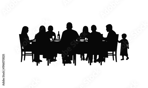 Large family gathering at dinner table vector silhouette showing people eating together art