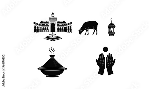Moroccan Islamic architecture vector silhouette mosque sheep lantern tagine hands