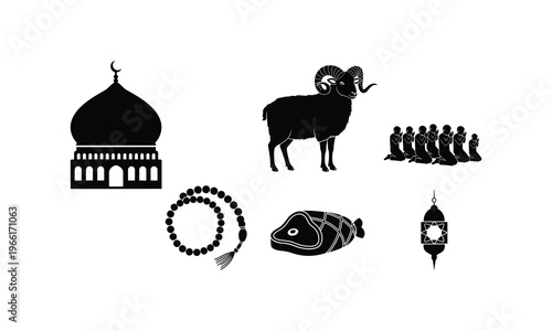 Muslim prayer worship ram sacrifice mosque symbols vector silhouette