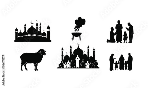 Religious community celebration vector illustration with mosque family and sheep silhouette