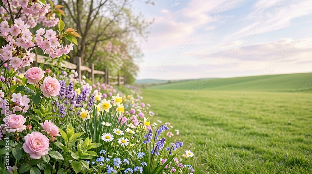 Obraz premium Colorful spring flowers blooming in rural landscape with a blue sky and green fields 