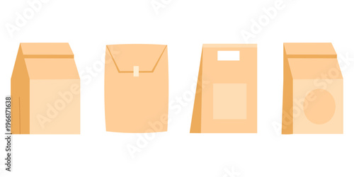 Collection of four different brown kraft paper bags for food takeaway and retail shopping. Set includes various packaging shapes and sizes with handles and pouches isolated on white background