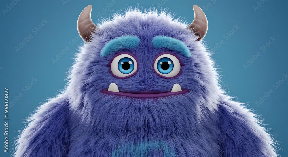 Obraz premium Blue furry monster with big eyes and small horns looks directly at the camera in a blue background setting