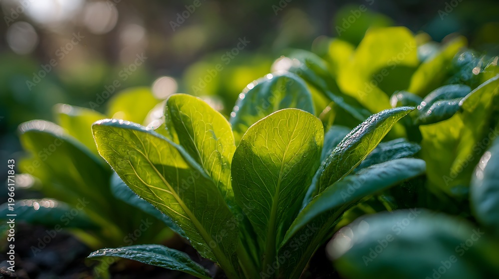 Obraz premium Lush green lettuce growing in a garden, sun-drenched leaves symbolizing organic farming, sustainable living, and fresh vitality. A natural background for wellness themes.