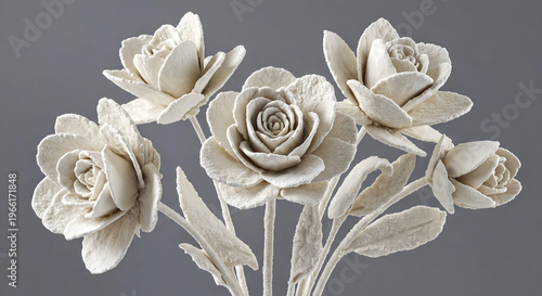 Flowers made of clay arranged in a simple bouquet with five white roses and green leaves on a gray background