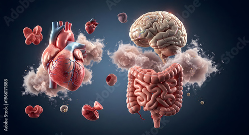 Understanding human organs through detailed illustrations of the heart, brain, and gut in a scientific setting with clouds