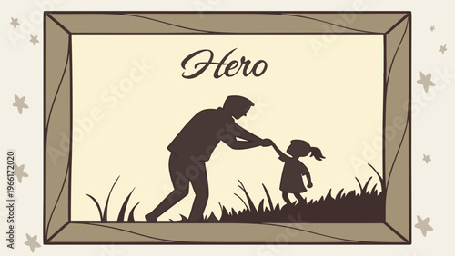 Vector illustration of father and child silhouette with Hero Dad text. Fathers Day greeting card design for poster, banner, family love, appreciation, and celebration concept.