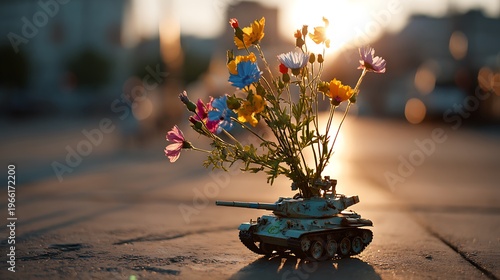 Miniature weathered tank transformed into a vase with colorful wildflowers at sunset on a city street. This anti-war conceptual image symbolizes peace, resilience, hope, and nature overcoming conflict
