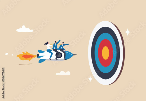 Team target achievement, reaching goal or success, teamwork strategy, challenge or aspiration to win together, leadership to lead team concept, business people riding rocket to reach target