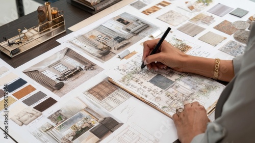 Interior designer sketching a modern living room design with material samples on table