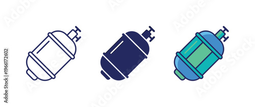 Set of icons representing a hydrogen fuel cell tank in different styles