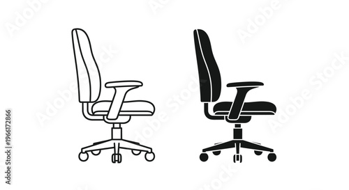 Ergonomic office chair outlines display both a hollow line drawing and a solid black silhouette version for selection.
