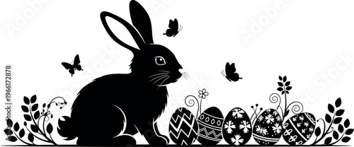 Adobe Illustrator Artwork Easter day silhouette charming rabbit with easter eggs and butterflies festive spring holiday