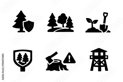 forest protection, deforestation, axe, environment, tree planting icon set vector illustration