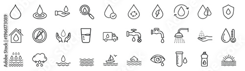 Water drop and nature conservation outline icon set featuring plumbing service rain cloud and environmental sustainability for resource management more vector illustration on editable stroke.