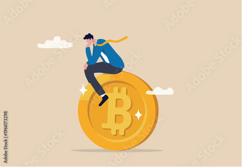 Bitcoin hodl, holder who buy bitcoin or crypto currency for long term investment, crypto investing or believe in Bitcoin independence concept, calm businessman investor relax sitting