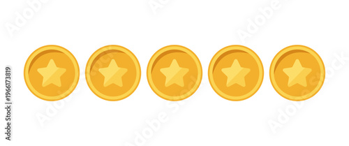 Five star rating vector icon. Gold coins with stars for customer rating review or game score.