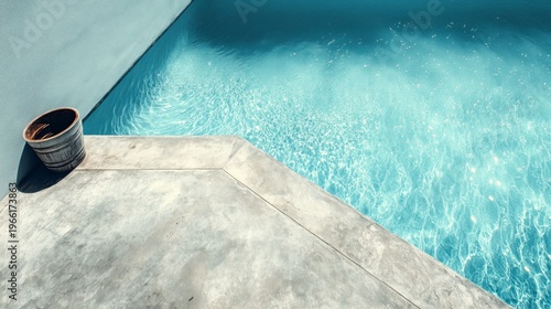Bright Water in an Empty Pool With a Bucket Placed Beside on a Sunny Day