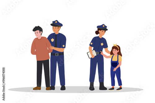 Criminal apprehension. Little girl pointing at criminal to woman police officer. Male police officer arresting criminal.
