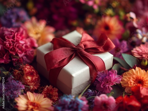 Gift Box Surrounded by Colorful Flowers During a Celebration