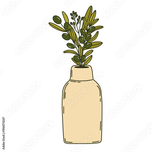 Vintage Olive branches in ceramic vase vector illustration isolated. Old greek beige pottery vase, ancient pot, bohemian jug. 