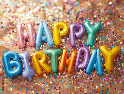 Celebrate With Colorful Balloons Saying Happy Birthday on a Shiny Surface Filled With Confetti