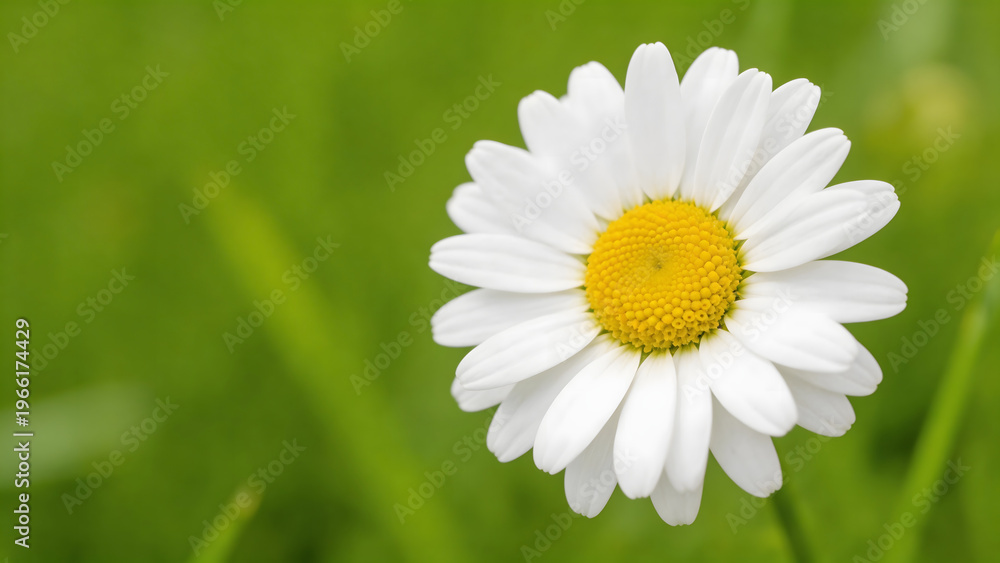 Obraz premium White daisy with yellow center in green grass
