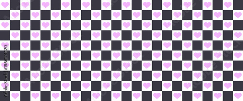 Marble emo heart checkerboard background in pink and black colors. Checkered pattern with chess elements and retro plaid Japanese style design.