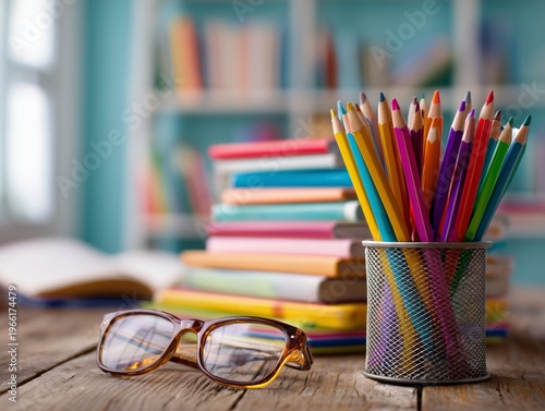 Colorful Pencils and Books on a Wooden Table With Glasses Nearby in a Learnin...