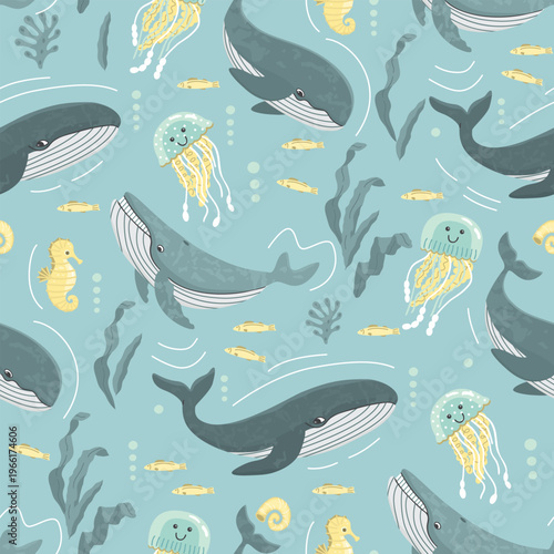 Sea animals seamless pattern with whales, jellyfish, seahorse, seaweed and small fish. Cartoon characters swimming underwater. Wildlife background for  printing on fabric and paper. Vector design.