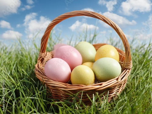 Easter Basket With Colored Eggs Placed on Grass Under Blue Sky During Daylight
