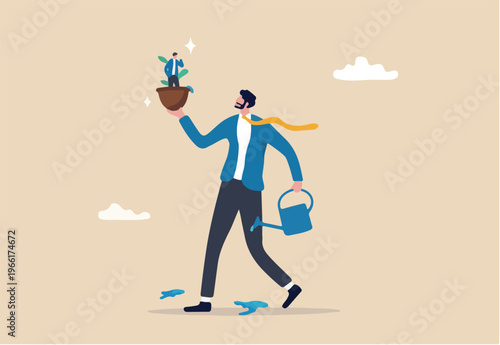 Career growth development, human resources motivate talent for job promotion, growing employee, improvement or manager support concept, businessman manager pouring water to growing employee