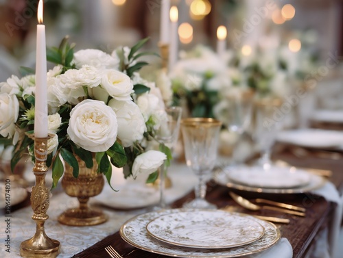 Elegant Dinner Setup With Roses and Candles at a Special Event in the Evening
