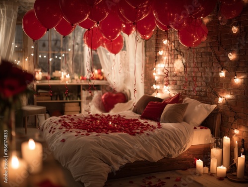 Couple Prepares for Romantic Evening With Red Balloons and Candles in Cozy Room