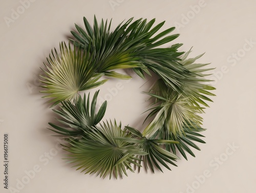 Arrangement of Green Palm Leaves on a Light Background Showing a Floral Pattern