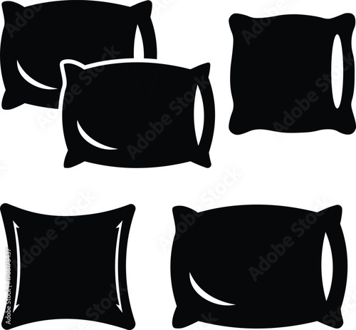 Black pillow silhouette icon set with various cushion shapes isolated on white background.