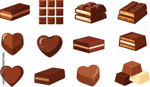 Assorted chocolate candies and bars in various shapes and sizes on white background