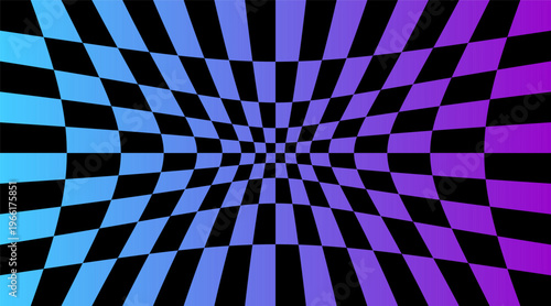 Psychedelic checkerboard uv gradient optical illusion pattern. Retro tippy abstract neon light checkered wallpaper