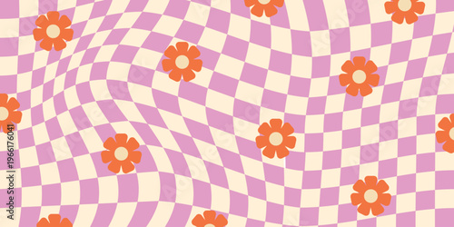 Psychedelic wavy checkerboard flowers pattern. Hippie retro trippy abstract checkered wallpaper in 70s print